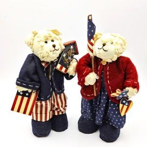 PATRIOTIC*BEAR COUPLE* FOLK ART FIGURINES*HANDCRAFTED OF WOOD & CLOTH.